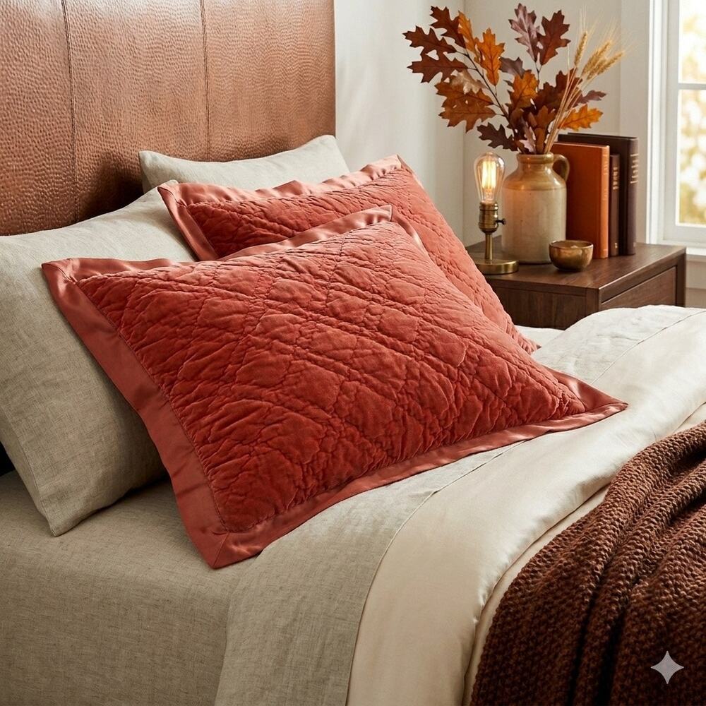POTTERY BARN Velvet & Silk Diamond Quilt Standard Shams Terracotta RARE 2016